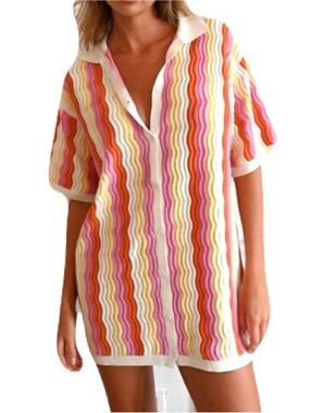 YLLW S/M Colorful Wavy Stripe Button Knit Felix Mini Dress Summer Festival Boho